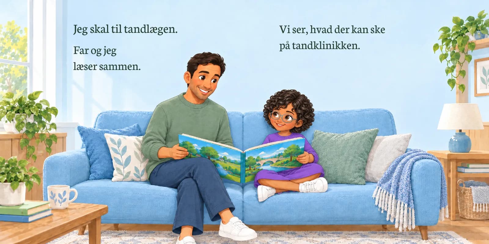 Opslag fra Almas bog: Alma og hendes far læser sammen i sofaen
