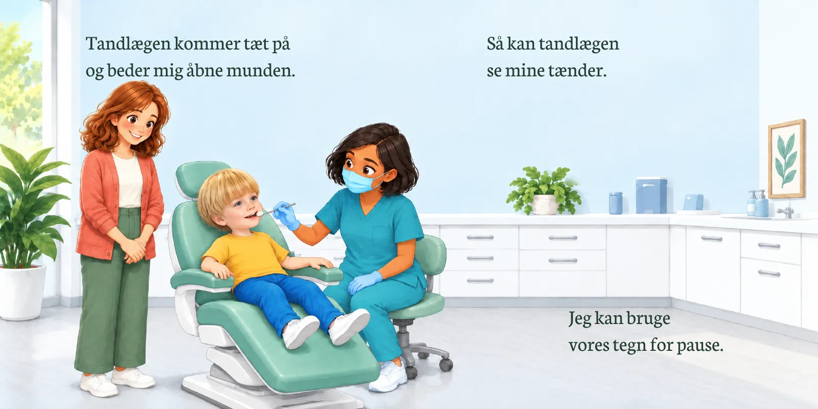 Opslag fra Villads' bog: tandlægen kigger på Villads' tænder, mens hans mor står ved siden af