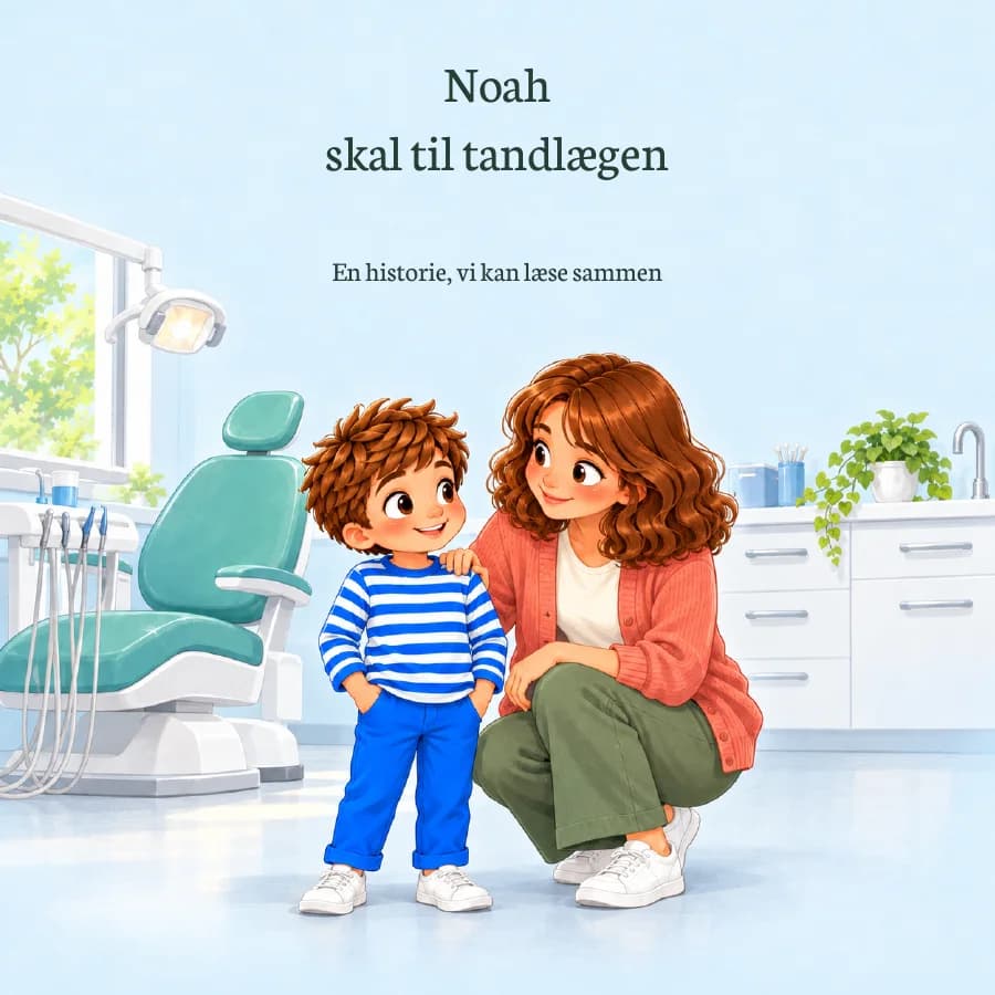 Forsiden af bogen Noah skal til tandlægen: Noah og hans mor foran tandlægestolen