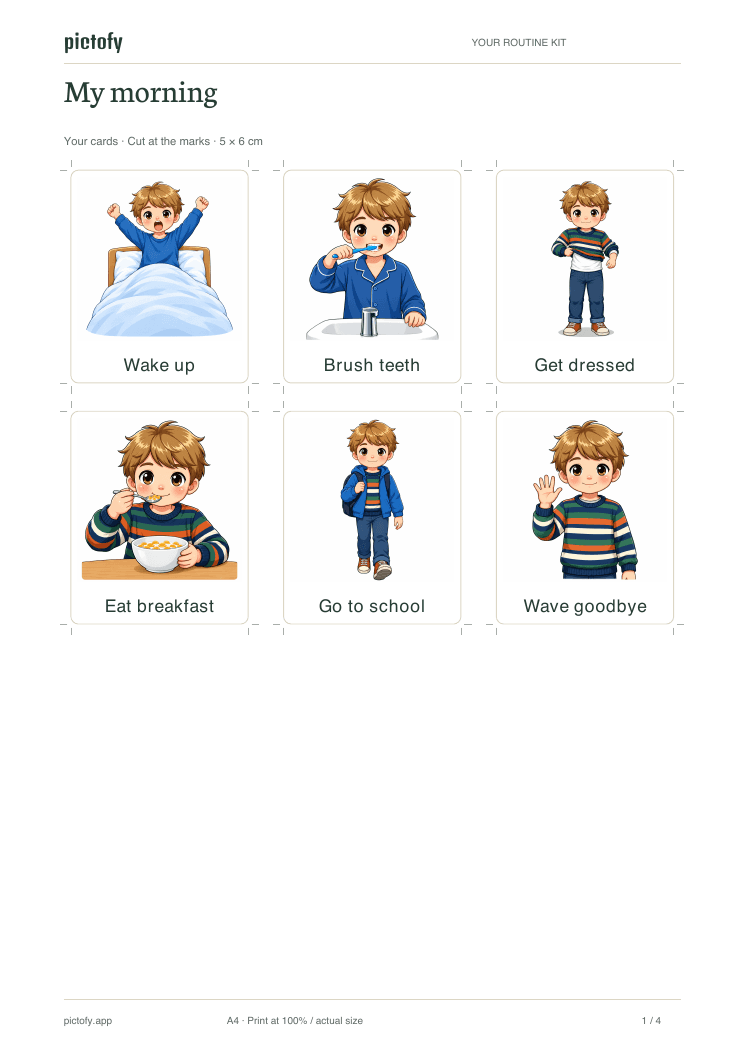 The print-ready A4 sheet: six cards with names underneath and cut marks
