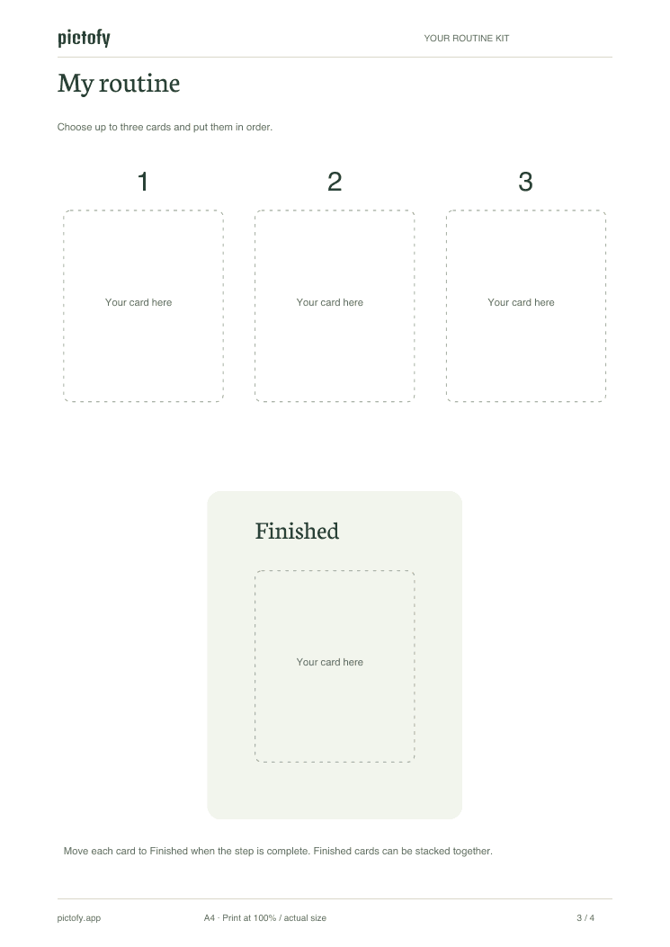My routine board with three steps and a finished area