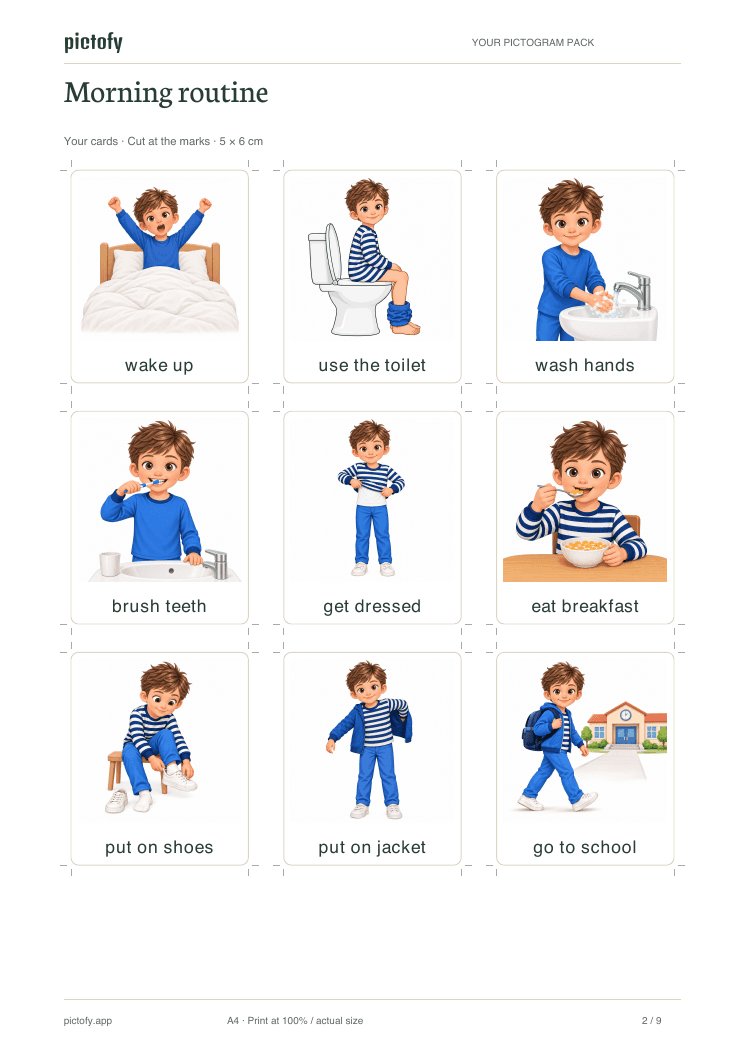 The first print-ready A4 sheet: nine morning cards with names underneath and cut marks