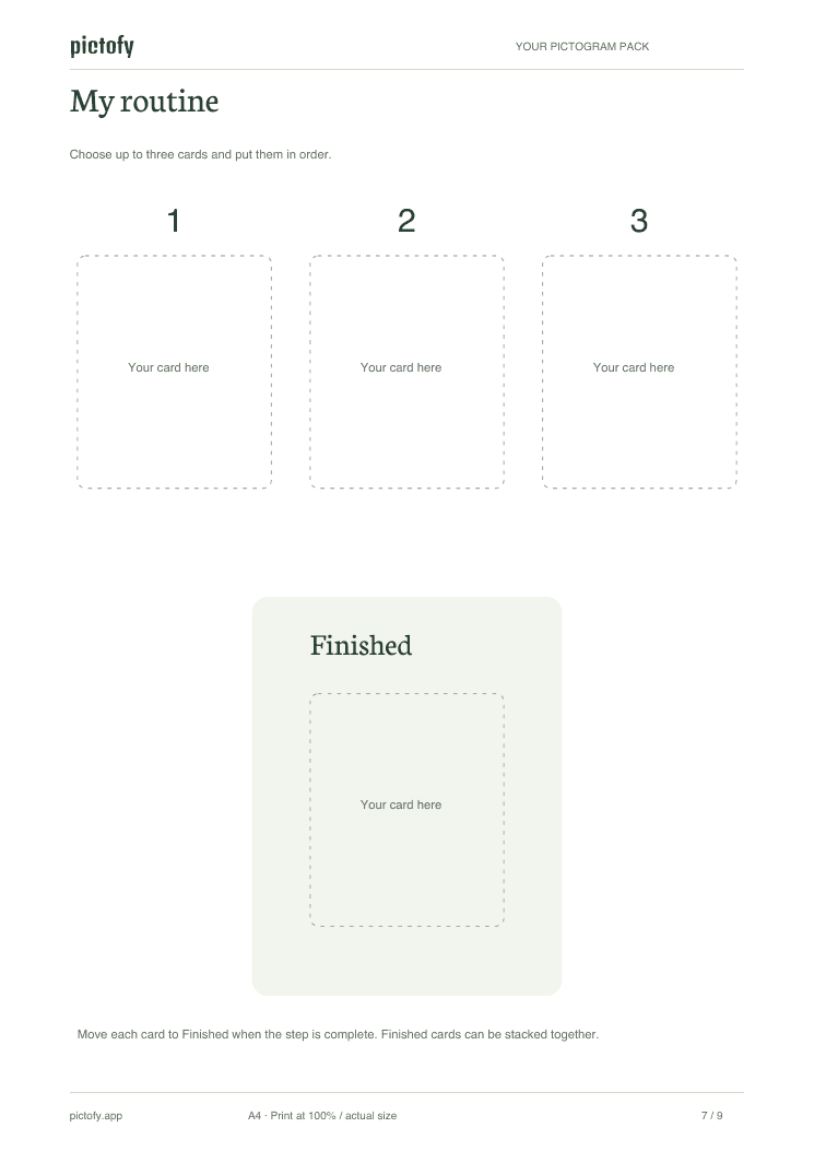 My routine board with three steps and a finished area