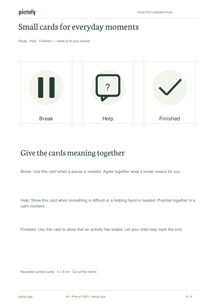 Included Break, Help and Finished support cards