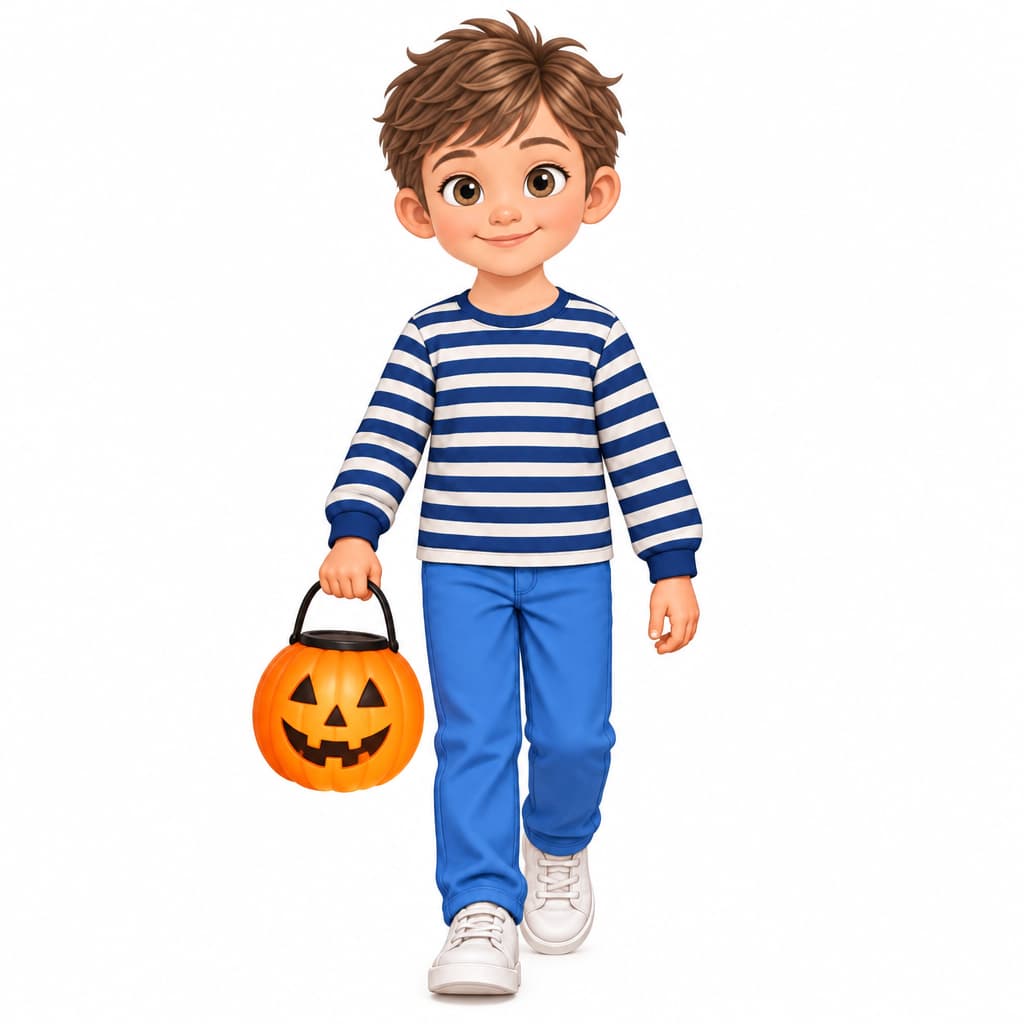Noah carries a Halloween trick-or-treat bucket.
