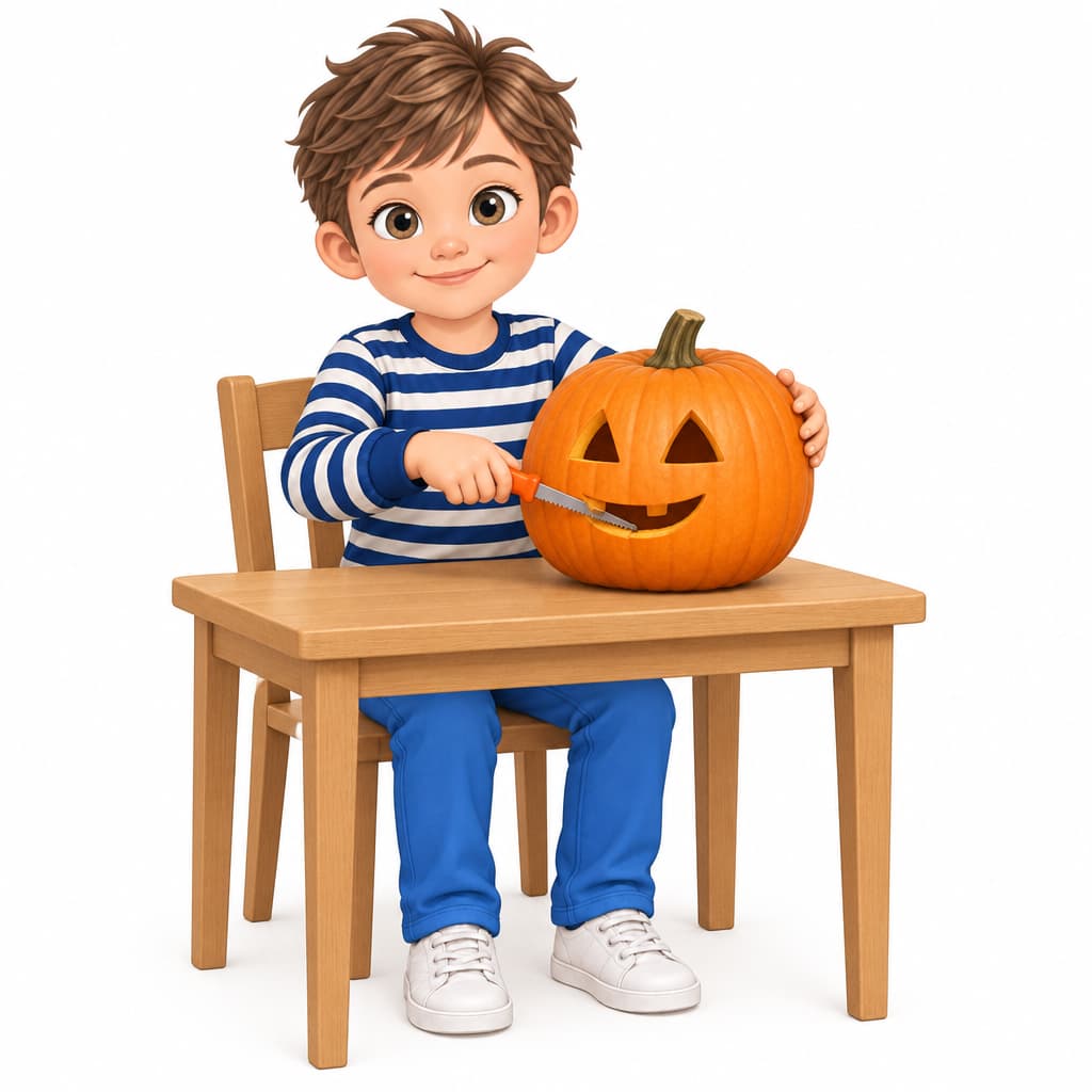 Noah sits at a table and carves a face into a pumpkin.