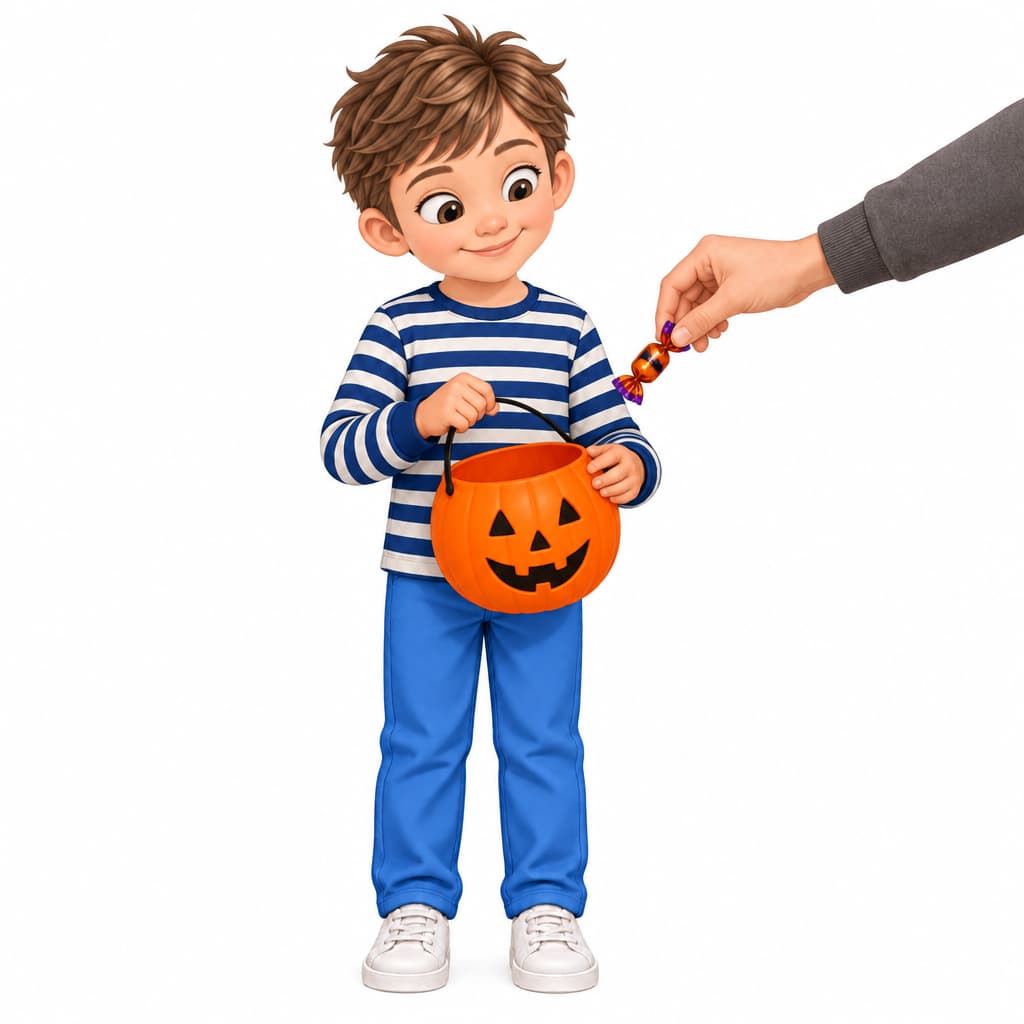 Noah receives sweets from another person while trick-or-treating.