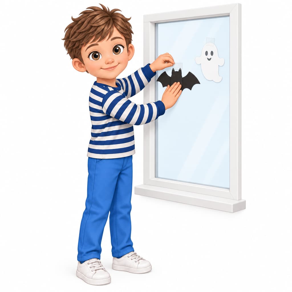 Noah attaches Halloween decorations directly to window glass.