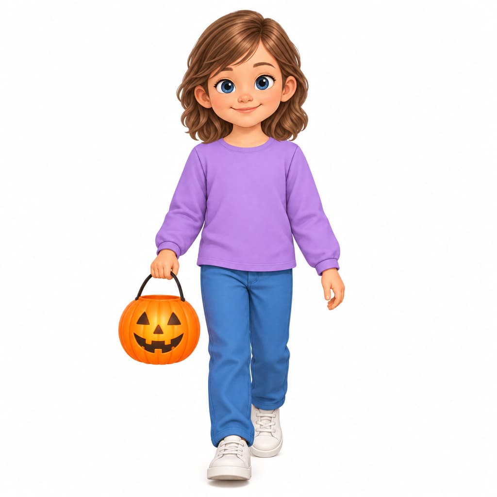 Nora carries a Halloween trick-or-treat bucket.