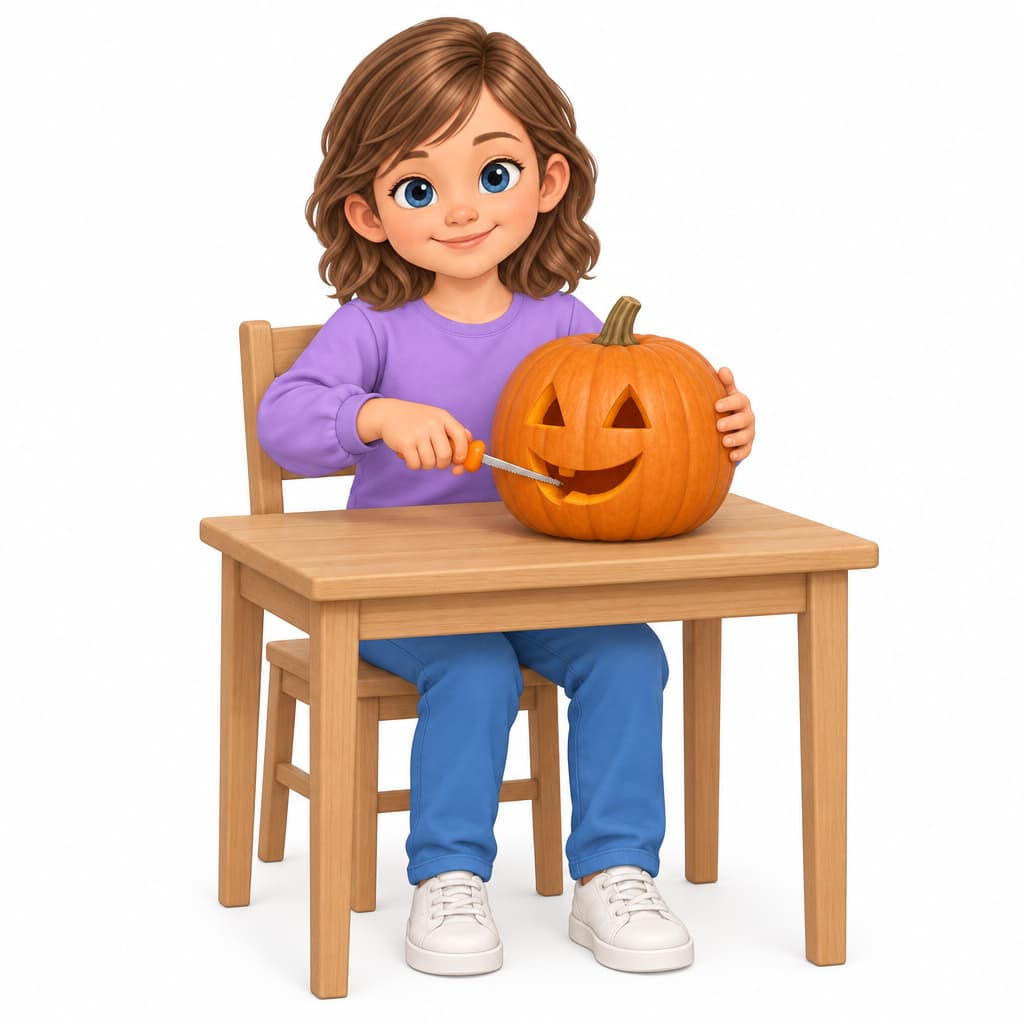 Nora sits at a table and carves a face into a pumpkin.