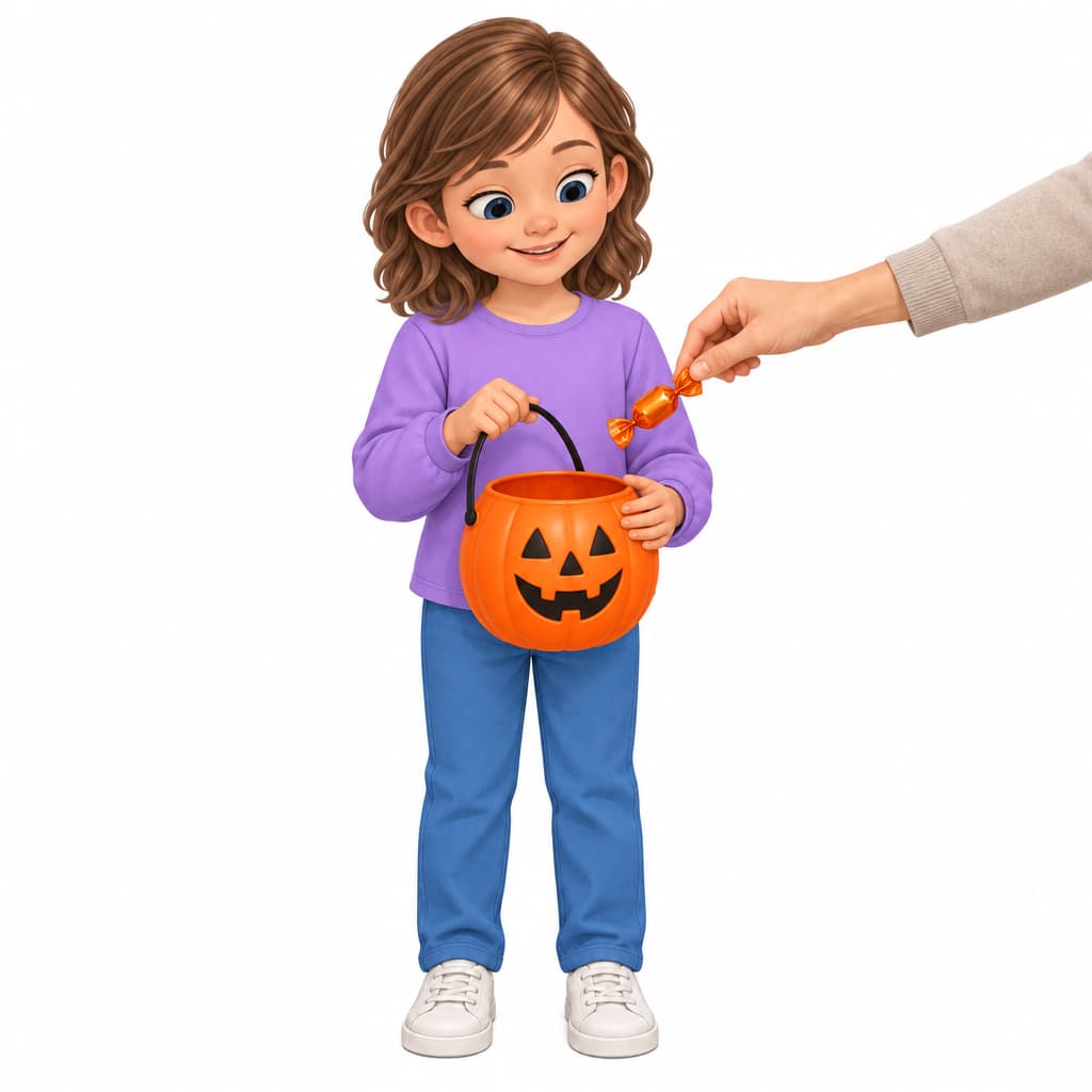 Nora receives sweets from another person while trick-or-treating.
