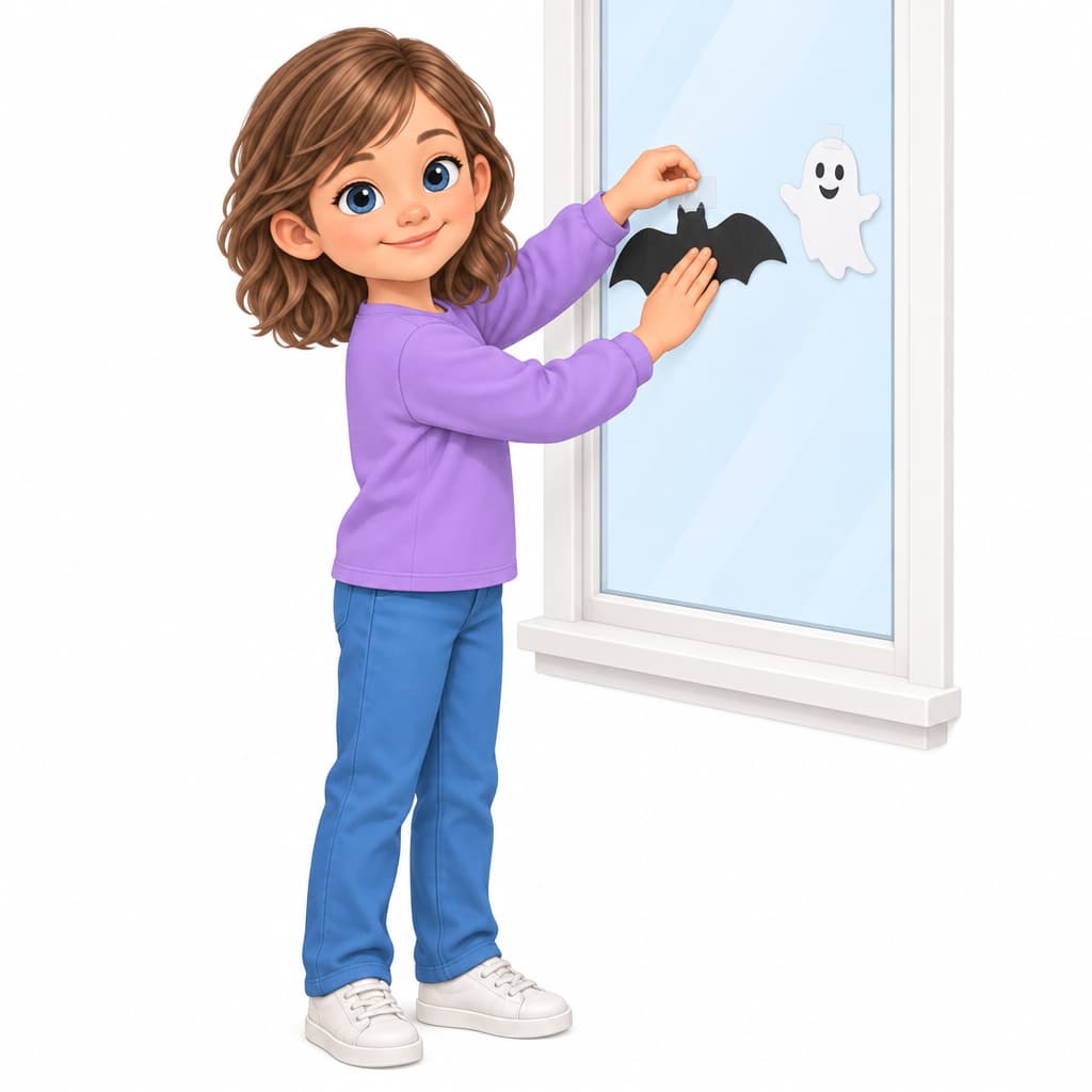 Nora attaches Halloween decorations directly to window glass.