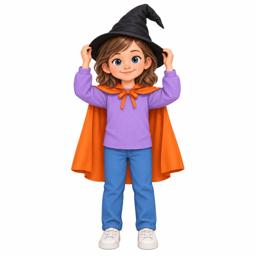 Nora puts on a Halloween costume.