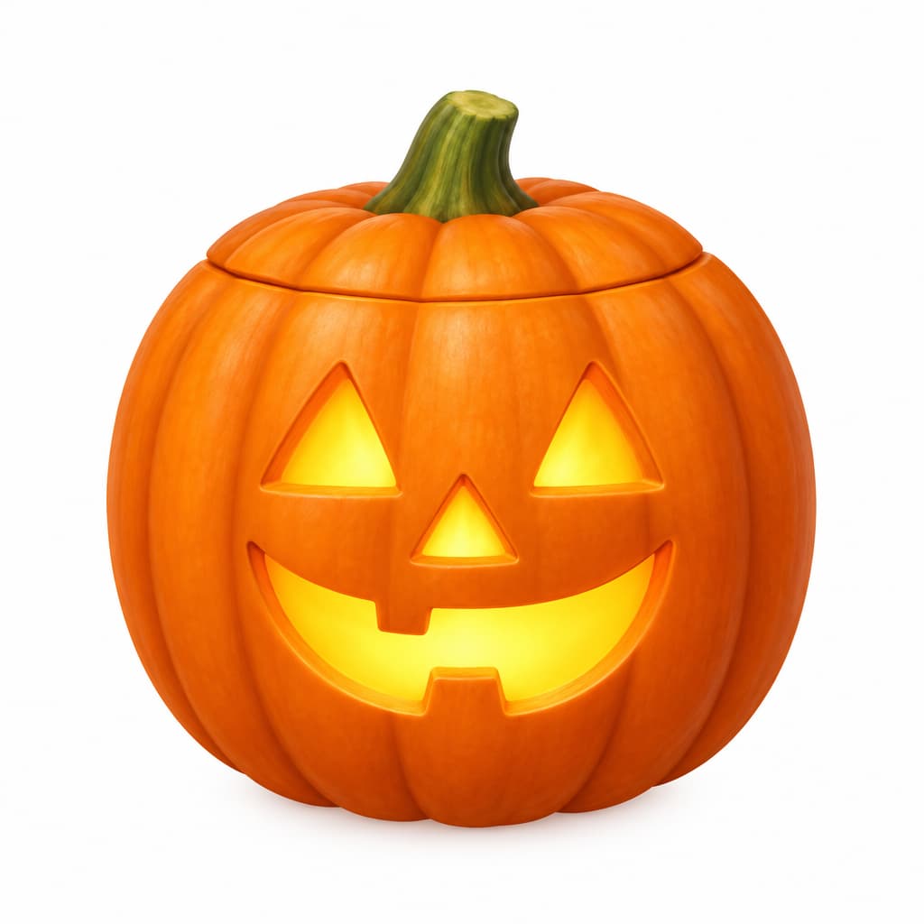 A pumpkin lantern with a carved face.