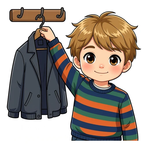 Pictogram of Noah hanging his jacket on a hook – step 6 of getting ready for school