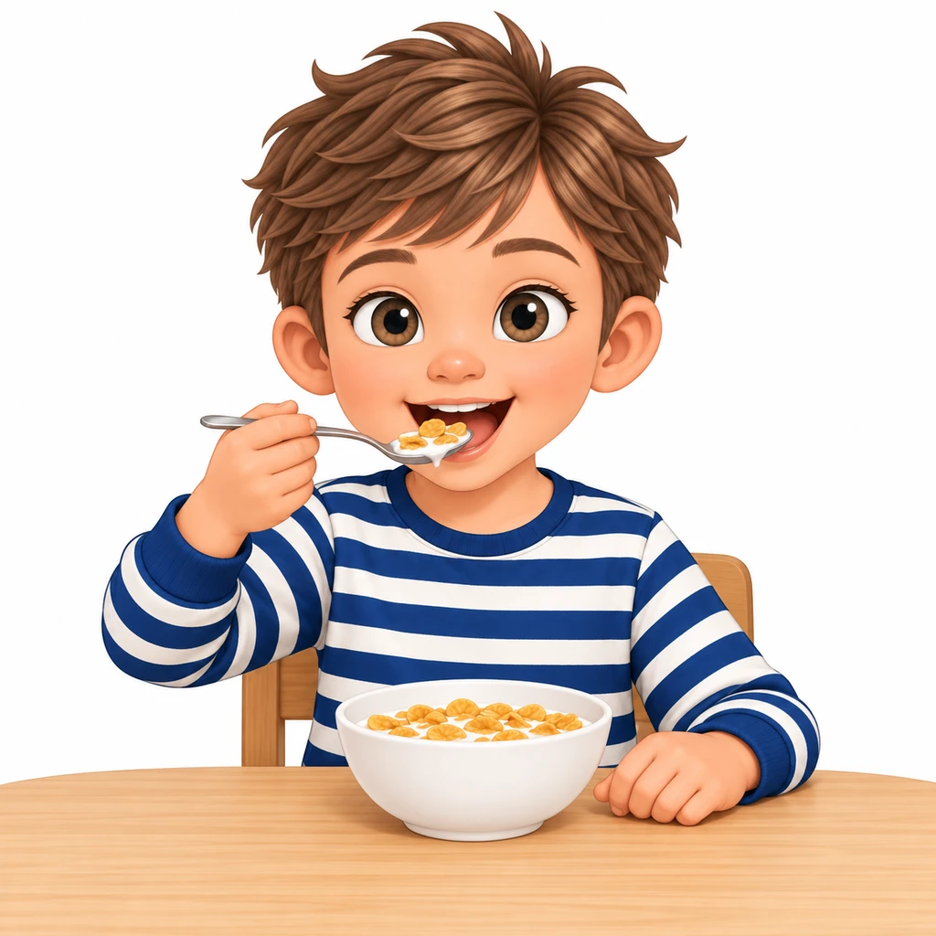Piktogram af Noah, der spiser morgenmad med en ske
