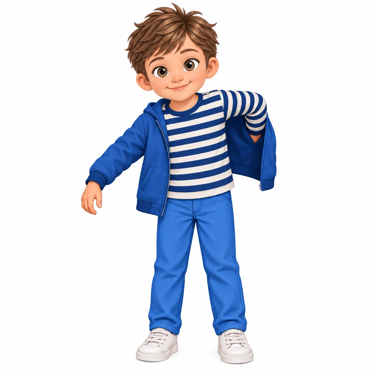Pictogram of Noah putting on his blue jacket – step 4 in the hallway