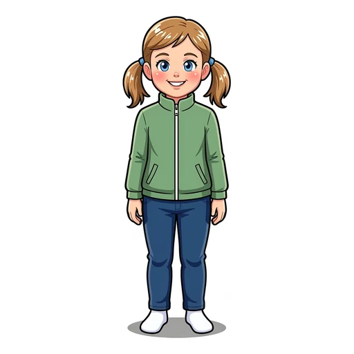Pictogram of Nora fully dressed with her jacket on, ready to go out – step 6 of getting dressed