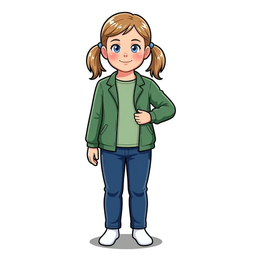 Pictogram of Nora with one arm in her jacket sleeve – step 5 of getting dressed