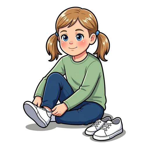 Pictogram of Nora putting on her shoes – step 4 of getting dressed